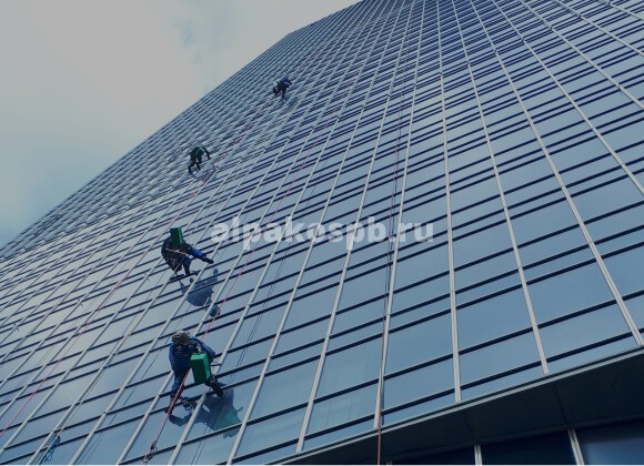 четыре промышленных альпиниста на очень высоком остекленном здании